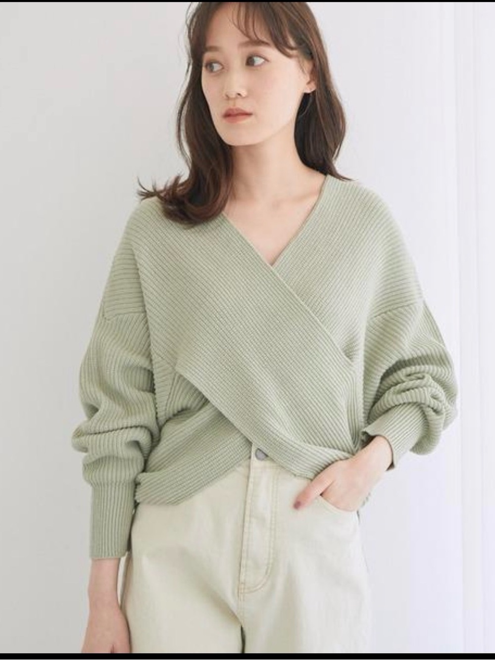 Fashion Light Sage Ribbed Wrap V-Neck Sweater